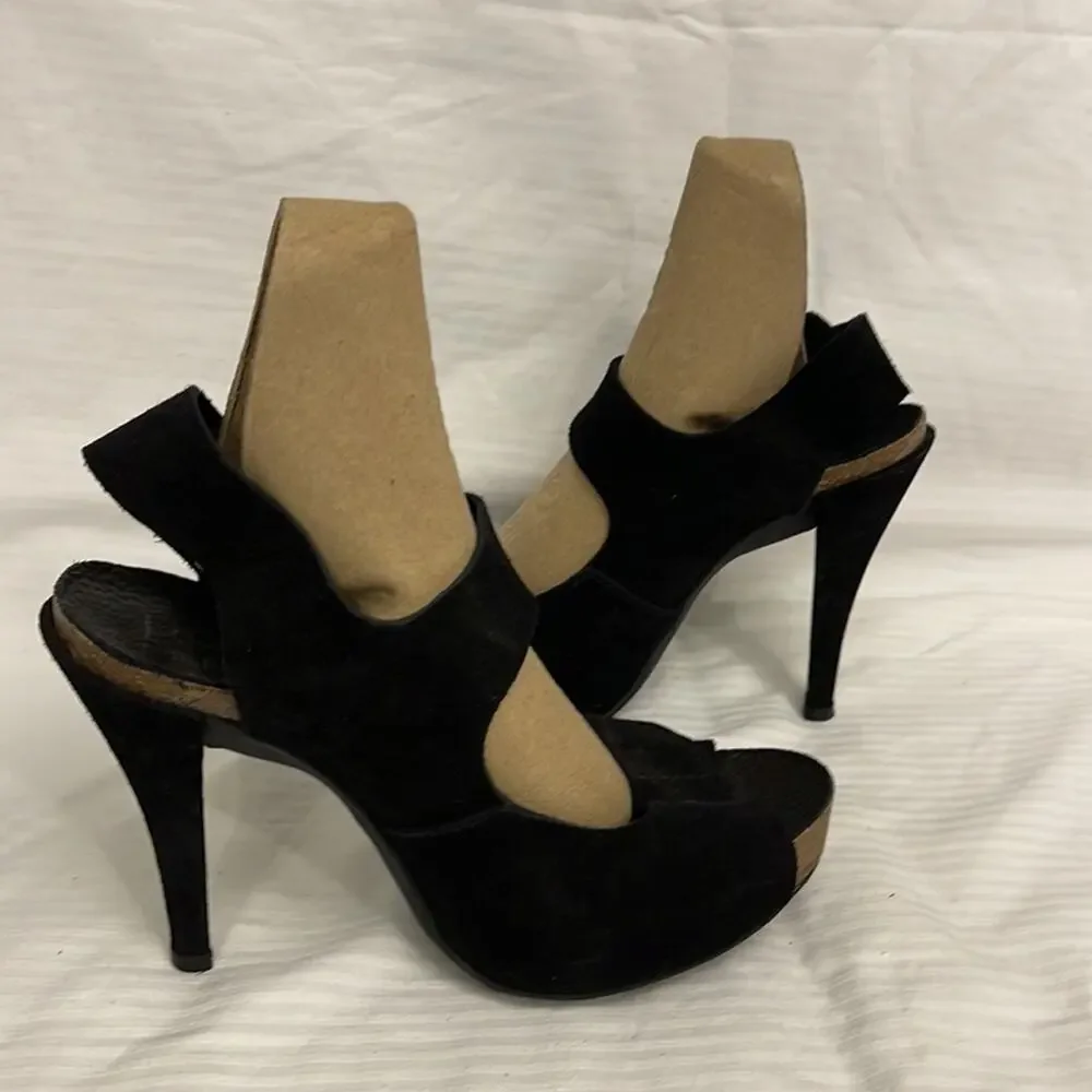 Pedro Garcia Black Suede mid-Heel Sandals Size 37.5 USA 7.5